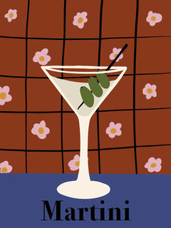 Illustration eines Martini-Glases mit Oliven vor einem karierten Hintergrund mit Blumen.