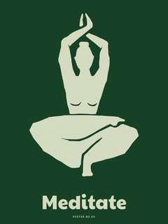 Grafische Illustration einer meditierenden Frau in Weiß auf grünem Hintergrund mit dem Text "Meditate" darunter.