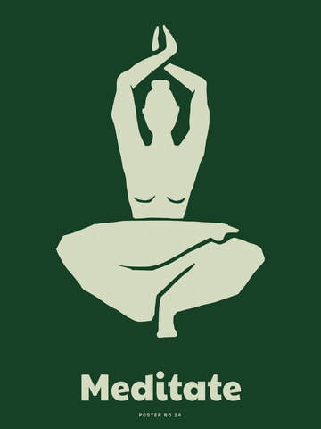Grafische Illustration einer meditierenden Frau in Weiß auf grünem Hintergrund mit dem Text "Meditate" darunter.