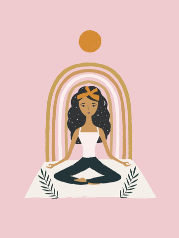 Illustration eines Mädchens in Meditationspose auf einer Yogamatte mit Regenbogen und Sonne im Hintergrund auf rosa Hintergrund.