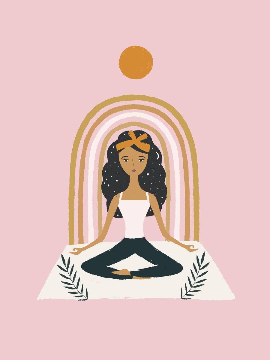Illustration eines Mädchens in Meditationspose auf einer Yogamatte mit Regenbogen und Sonne im Hintergrund auf rosa Hintergrund.