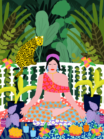 Illustration einer meditierenden Frau, umgeben von Pflanzen und einem Leoparden.