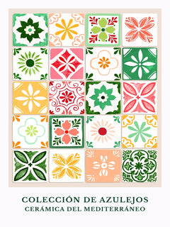 Ein Poster mit einer Sammlung verschiedener mediterraner Fliesenmuster in Grün Orange und Rot.