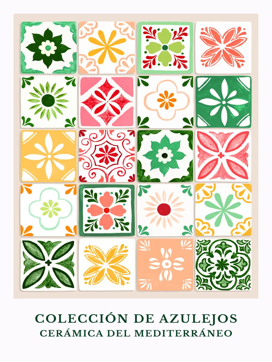 Ein Poster mit einer Sammlung verschiedener mediterraner Fliesenmuster in Grün Orange und Rot.