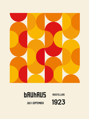 Grafische Illustration mit geometrischem Muster in Gelb und Rot auf beigem Hintergrund, Text Bauhaus Ausstellung 1923.