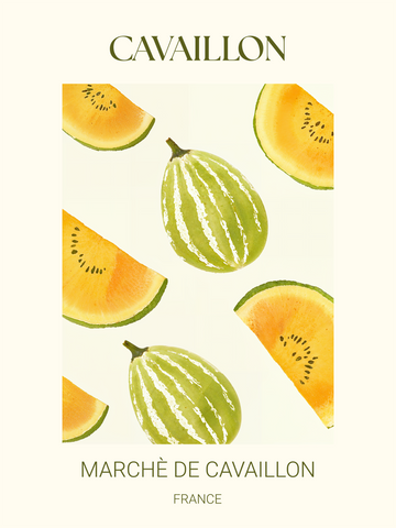 Poster mit Cavaillon-Melonen und -Scheiben, beschriftet mit „Marché de Cavaillon, France“.