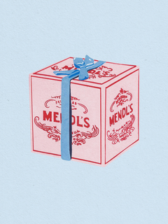 Illustration einer rosa Schachtel mit blauer Schleife auf hellblauem Hintergrund.