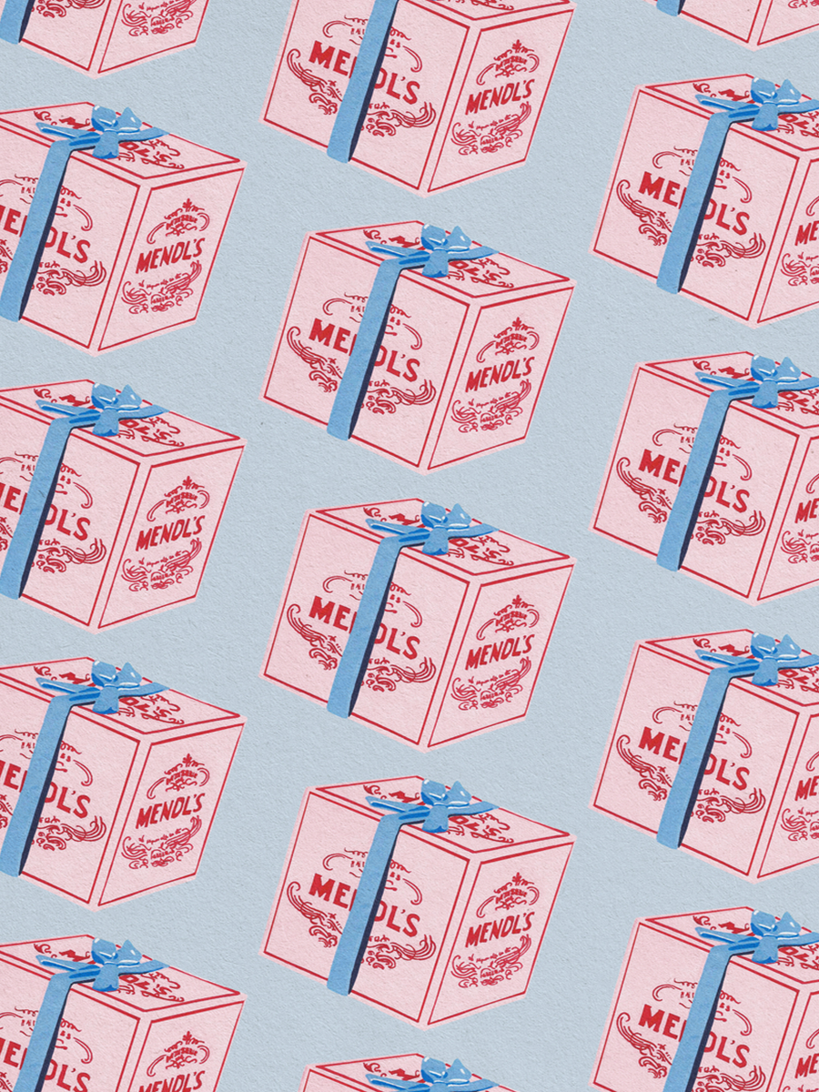 Poster mit rosa Mendls Schachteln und blauer Schleife auf blauem Hintergrund.