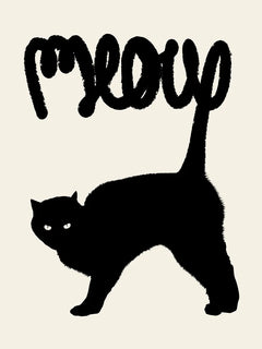 Grafische Illustration einer schwarzen Katze mit dem Wort "Meow" auf beigem Hintergrund.