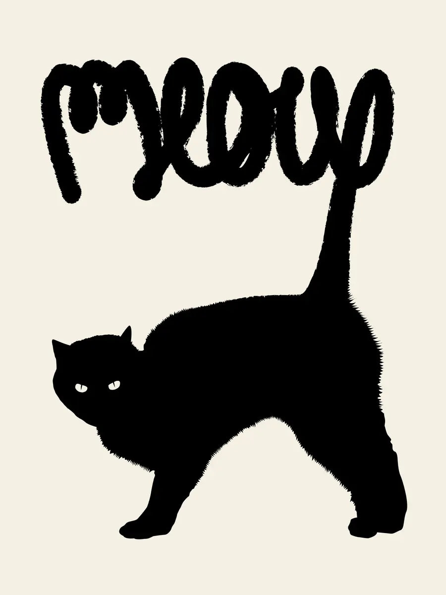 Grafische Illustration einer schwarzen Katze mit dem Wort "Meow" auf beigem Hintergrund.