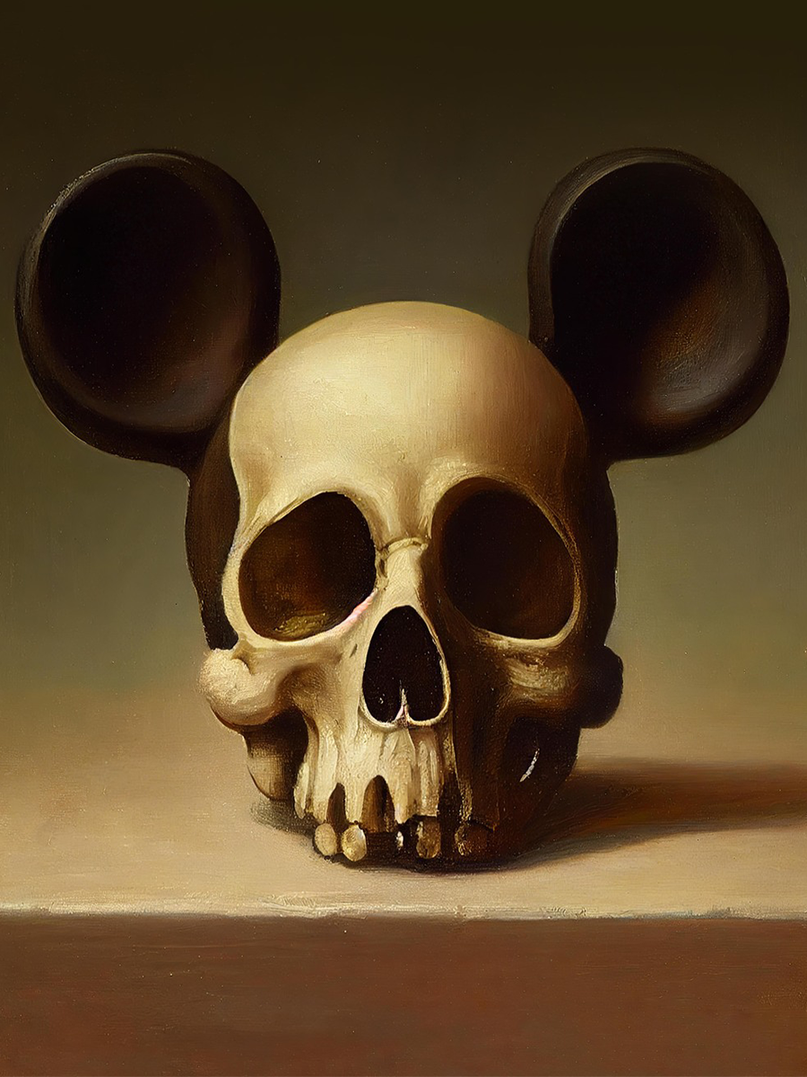 Ein Totenkopf mit großen, runden Ohren, die an eine Cartoon-Maus erinnern, in gedämpften Farben.