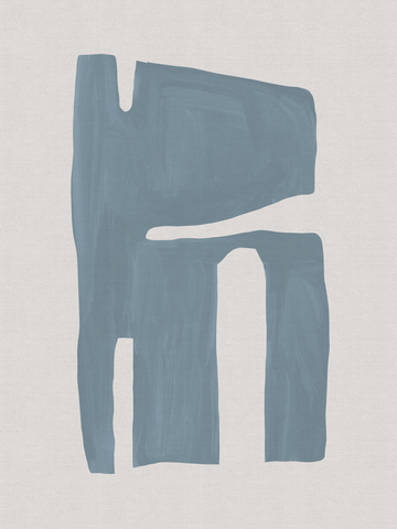 Poster mit abstrakten blauen Formen auf hellbeigem Hintergrund.