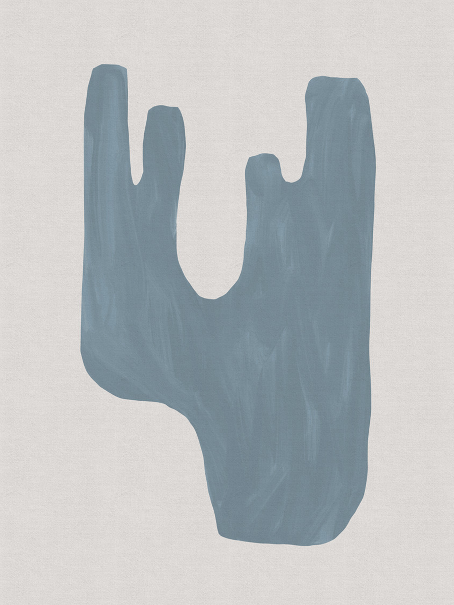 Grafische Illustration mit einer abstrakten blauen Figur auf hellgrauem Hintergrund.