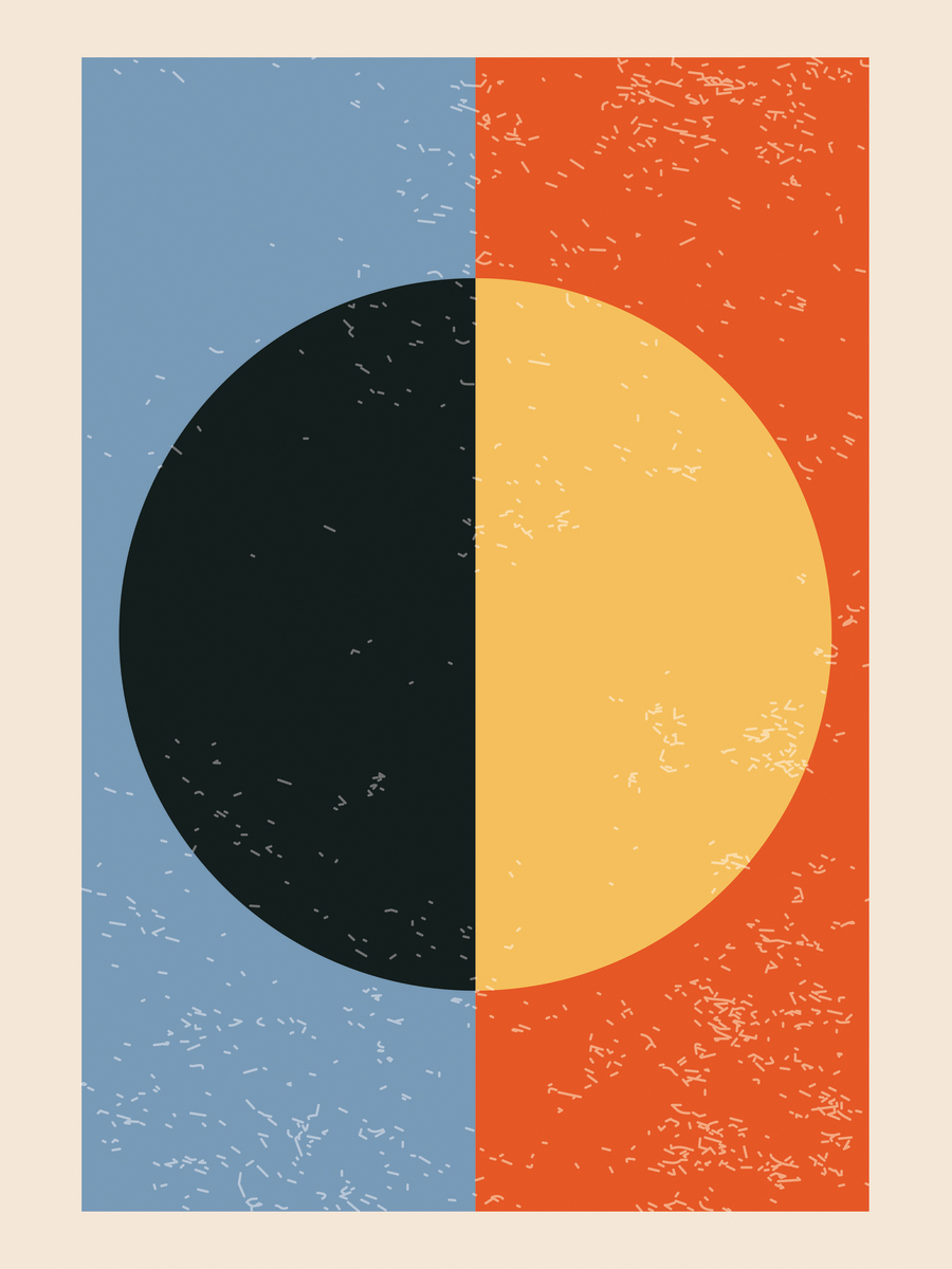 Grafische Illustration mit einem schwarzen und einem gelben Kreis auf blauem und rotem Hintergrund.