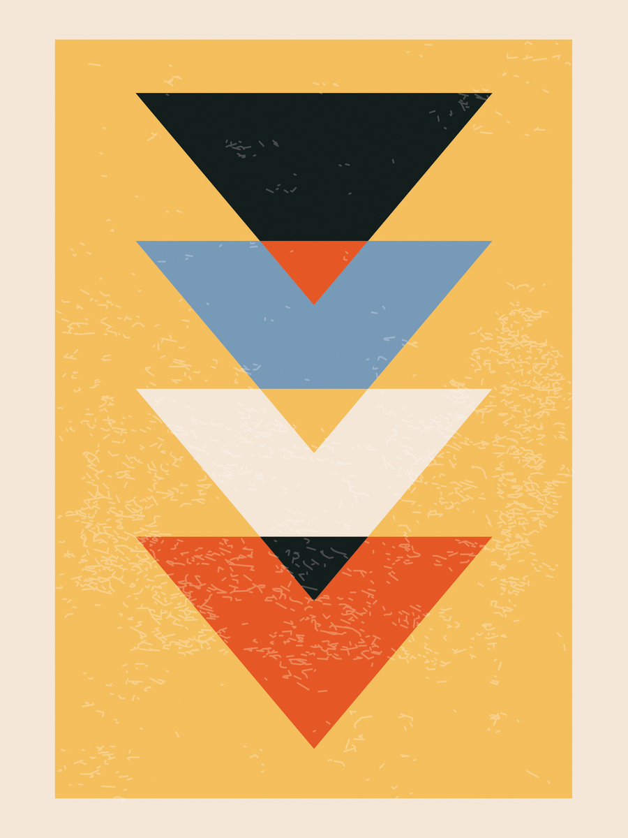 Grafische Illustration von vier übereinander gestapelten, verschiedenfarbigen Dreiecken auf gelbem Hintergrund.
