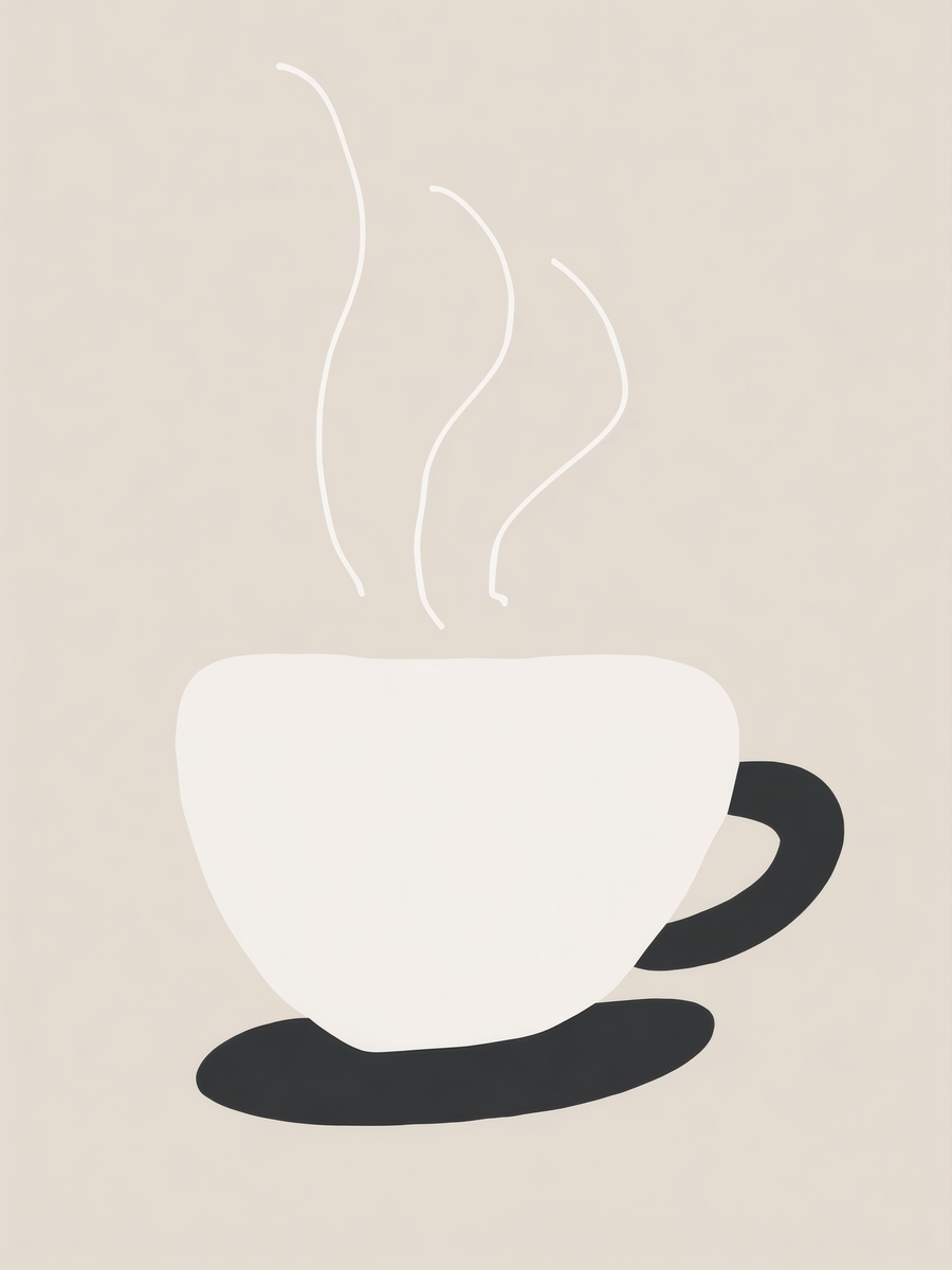 Illustration einer dampfenden Kaffeetasse in Weiß und Schwarz auf beigem Hintergrund.