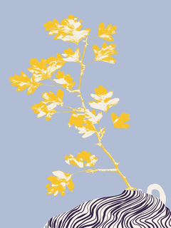 Grafische Illustration von gelben Blumen in einer gestreiften Vase vor einem hellblauen Hintergrund.