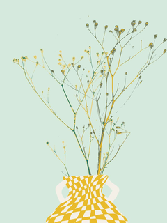 Illustration einer gelben karierten Vase mit Blumen auf einem hellgrünen Hintergrund.