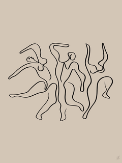 Illustration mit drei tanzenden Figuren in Schwarz auf beigem Hintergrund.