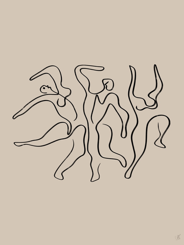 Illustration mit drei tanzenden Figuren in Schwarz auf beigem Hintergrund.