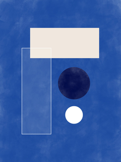 Grafische Illustration mit geometrischen Formen auf blauem Hintergrund in Weiß, Beige und Dunkelblau.