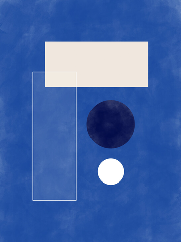 Grafische Illustration mit geometrischen Formen auf blauem Hintergrund in Weiß, Beige und Dunkelblau.