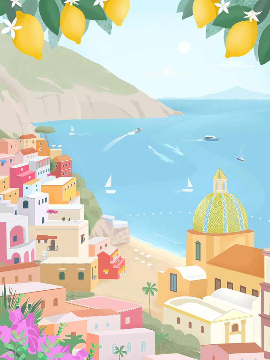Illustration von Positano mit gelben Zitronen und bunten Häusern am Meer.