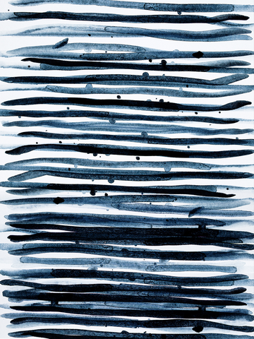 Abstraktes Kunstposter mit horizontalen blauen Streifen auf weißem Hintergrund.