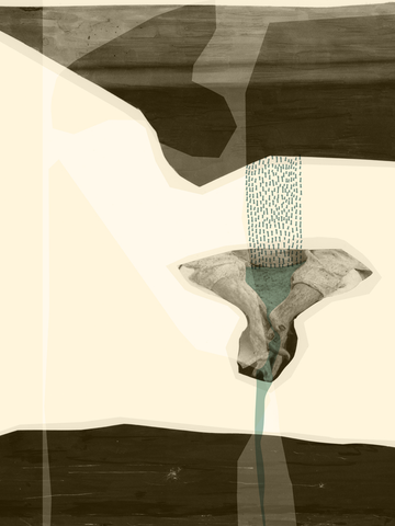 Abstrakte Collage mit Formen in Beige, Braun und Türkis.