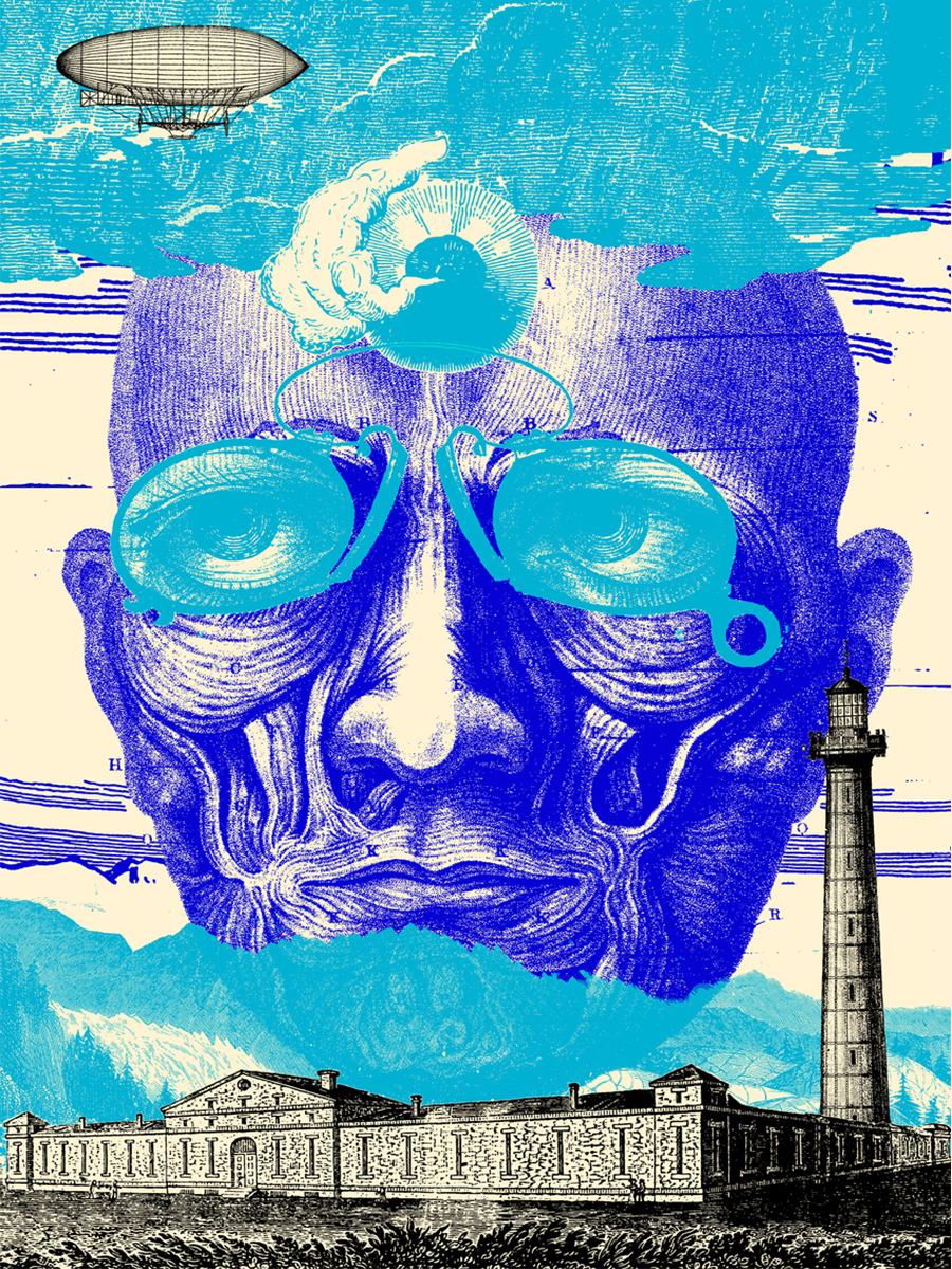 Collage mit menschlichem Kopf, Gebäude, Leuchtturm und Luftschiff in Blau.