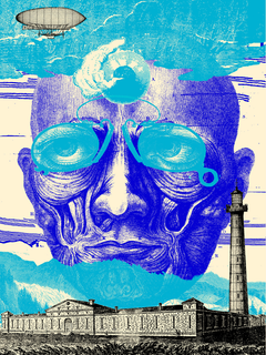 Collage mit menschlichem Kopf, Gebäude, Leuchtturm und Luftschiff in Blau.