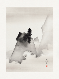 Handgemaltes Poster eines nebligen Berges in China mit rotem Siegel.