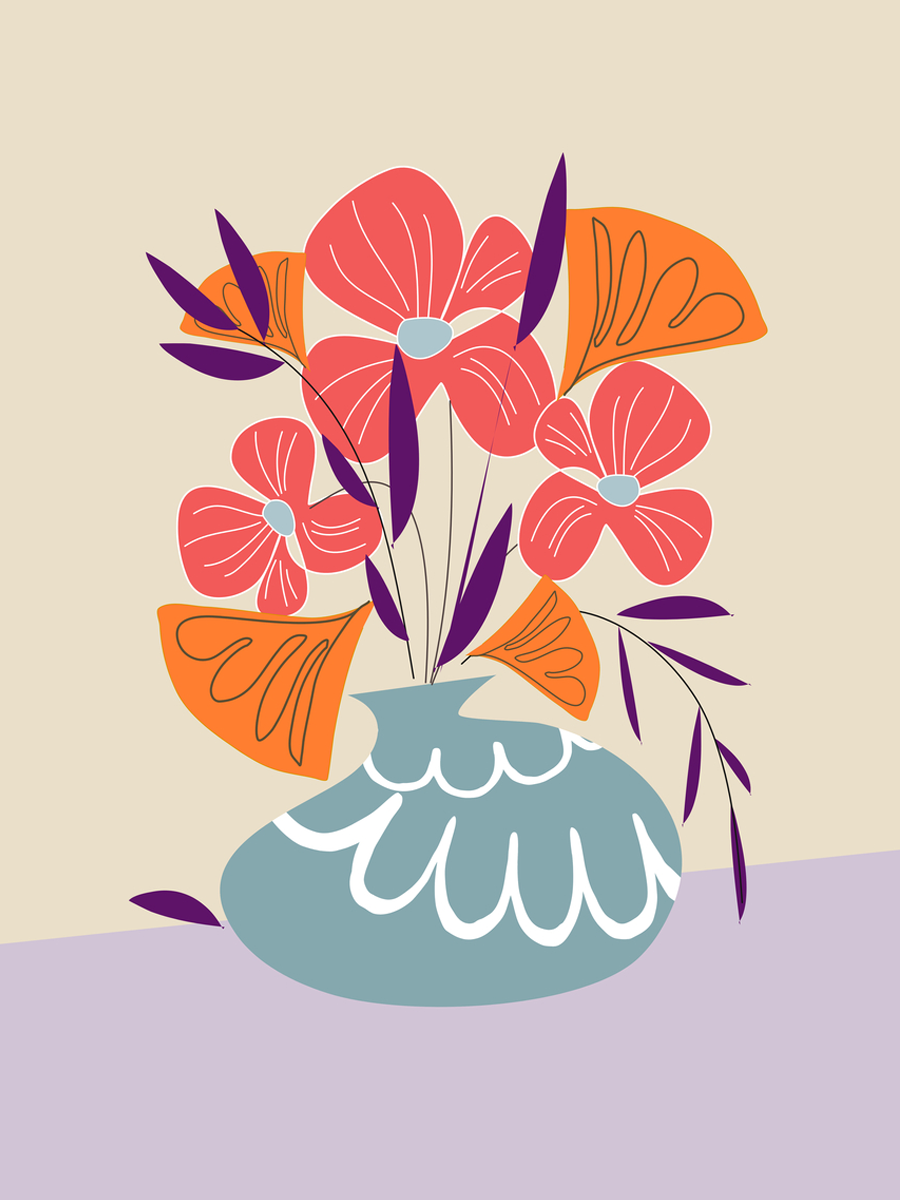 Illustration einer blauen Vase mit roten Blüten und lila Blättern auf beigem Hintergrund.