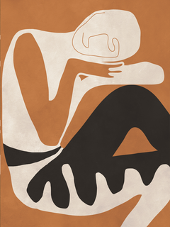 Grafische Illustration einer Figur in Schwarz und Beige auf braunem Hintergrund.