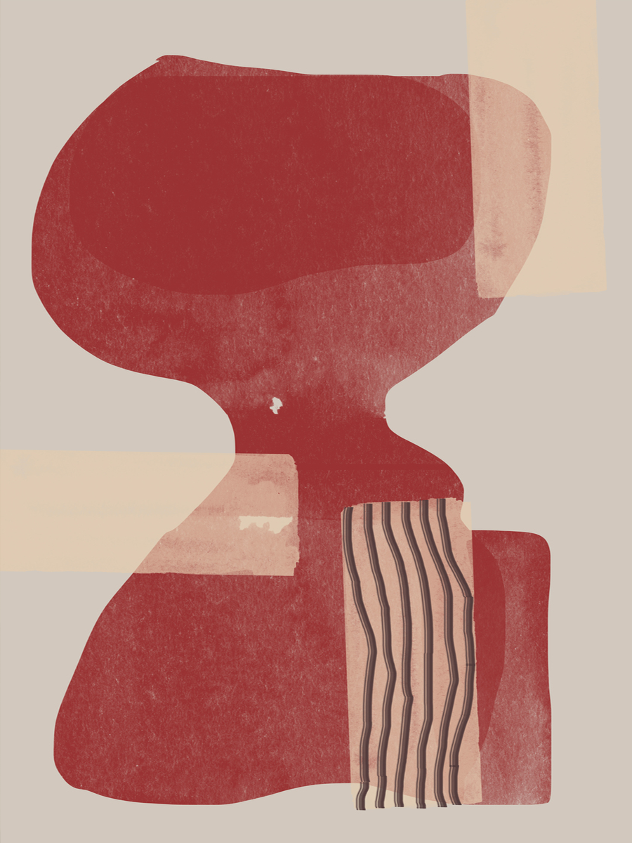 Grafische Illustration mit abstrakten Formen in Rot und Rosa mit schwarzen Streifen auf beigem Hintergrund.