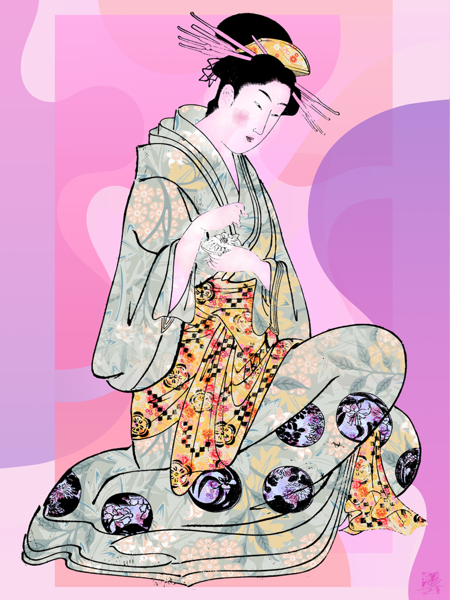 Illustration einer Geisha in einem traditionellen Kimono vor einem modernen rosa Hintergrund.