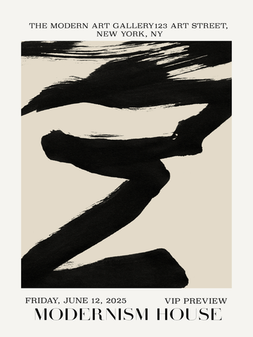 Abstraktes Poster mit schwarzen Pinselstrichen auf beigem Hintergrund.