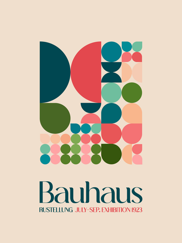 Grafische Illustration mit geometrischen Formen und dem Text "Bauhaus Ausstellung July-Sep. Exhibition 1923".