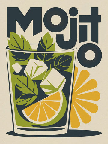 Illustration eines Mojito-Cocktails mit Eis, Limette und Minze, darüber das Wort Mojito.