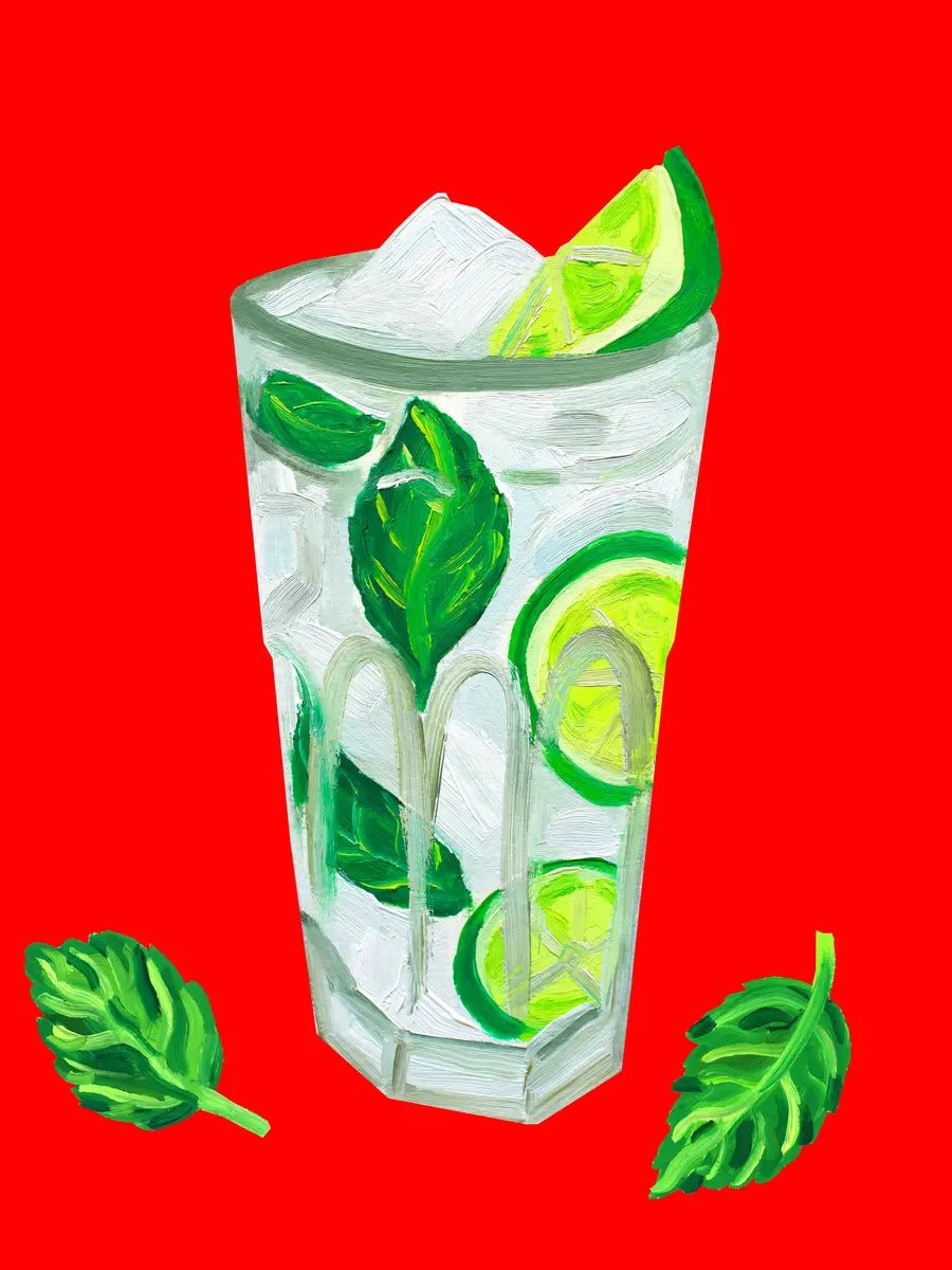 Illustration eines Mojito-Cocktails auf rotem Hintergrund mit Limettenscheiben und Minzblättern.