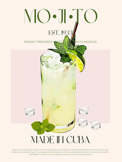 Poster mit Mojito-Cocktailrezept, grünem und schwarzem Text auf hellrosa Hintergrund.