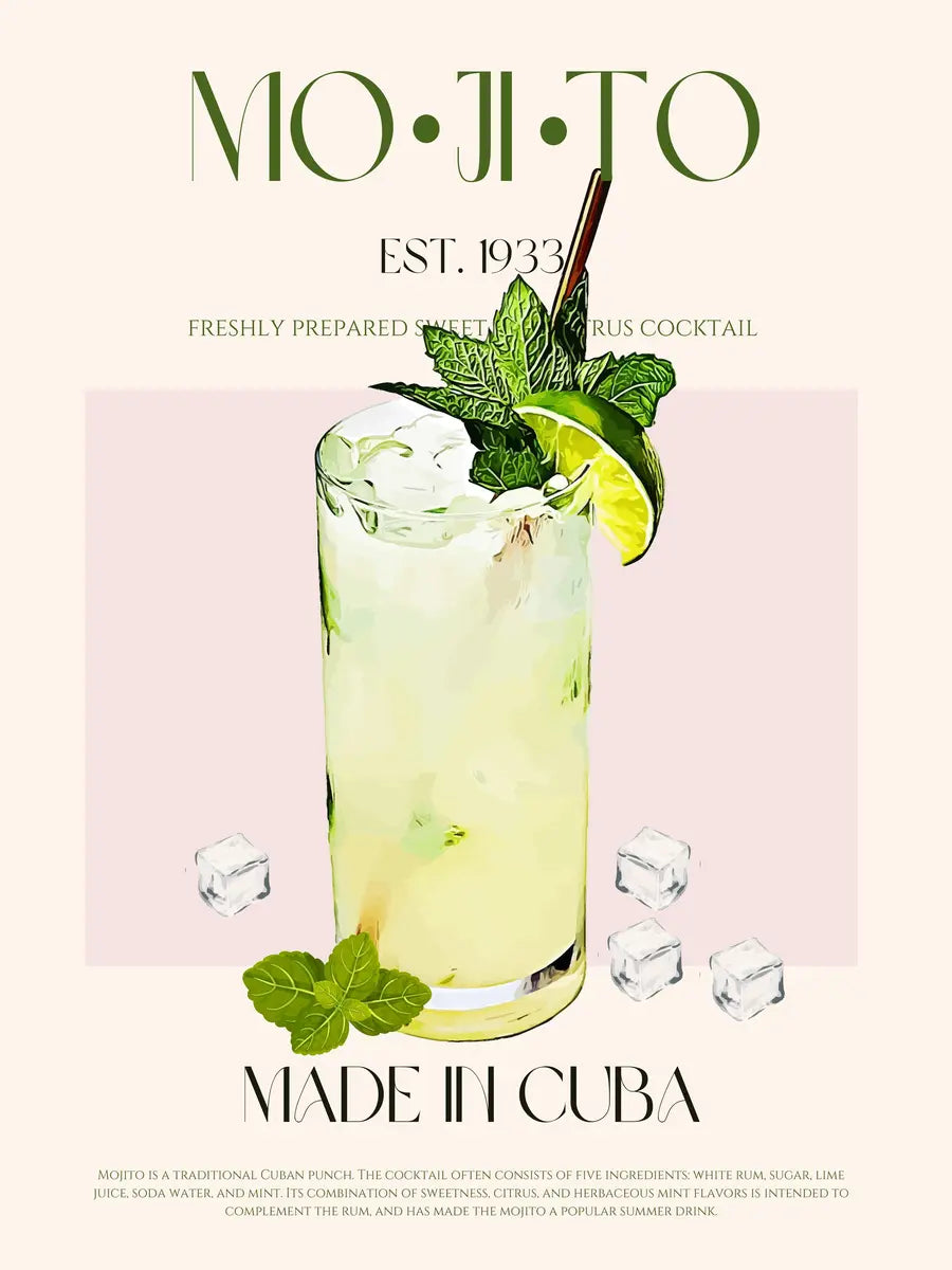 Poster mit Mojito-Cocktailrezept, grünem und schwarzem Text auf hellrosa Hintergrund.