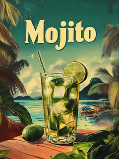 Ein Mojito-Cocktail auf einem Tisch vor einem tropischen Hintergrund mit Palmen und Wasser, mit dem Text "Mojito" oben.