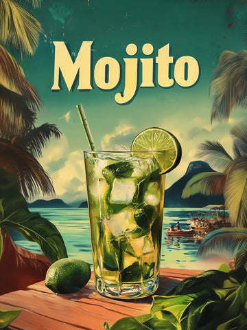 Ein Mojito-Cocktail auf einem Tisch vor einem tropischen Hintergrund mit Palmen und Wasser, mit dem Text "Mojito" oben.