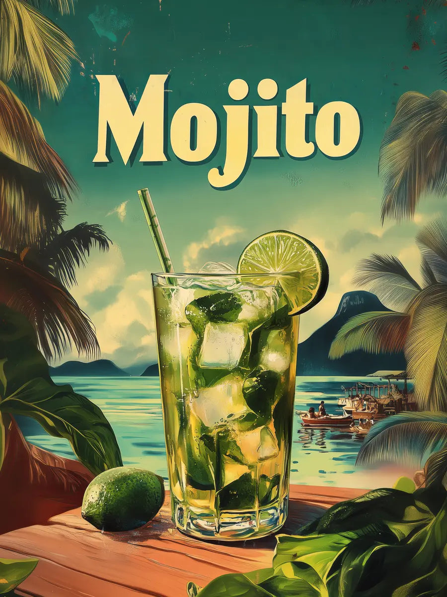 Ein Mojito-Cocktail auf einem Tisch vor einem tropischen Hintergrund mit Palmen und Wasser, mit dem Text "Mojito" oben.