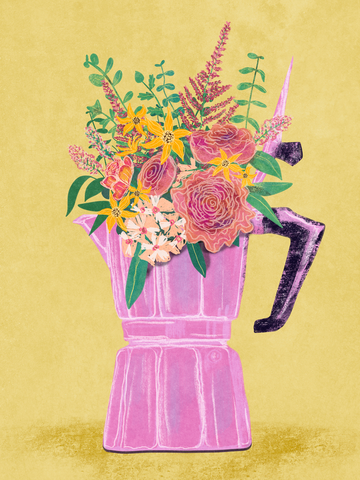 Illustration einer lila Mokkakanne mit buntem Blumenstrauß vor gelbem Hintergrund.