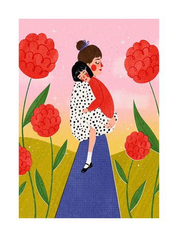 Illustration einer Mutter, die ihr Kind trägt, umgeben von großen roten Blumen und einem rosa Himmel.