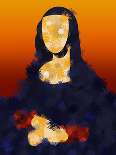 Illustration der Mona Lisa in Gelb und Blau mit einem orangefarbenen Hintergrund.