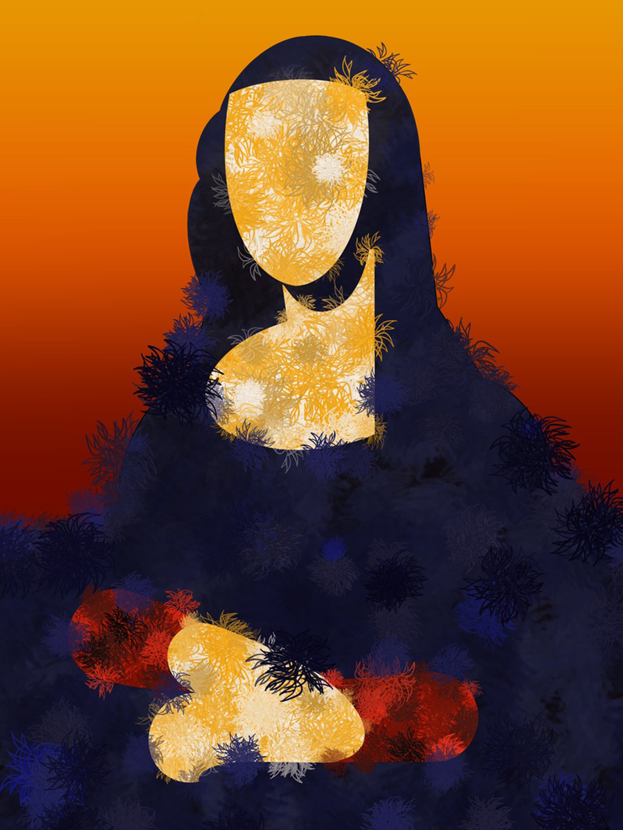 Illustration der Mona Lisa in Gelb und Blau mit einem orangefarbenen Hintergrund.