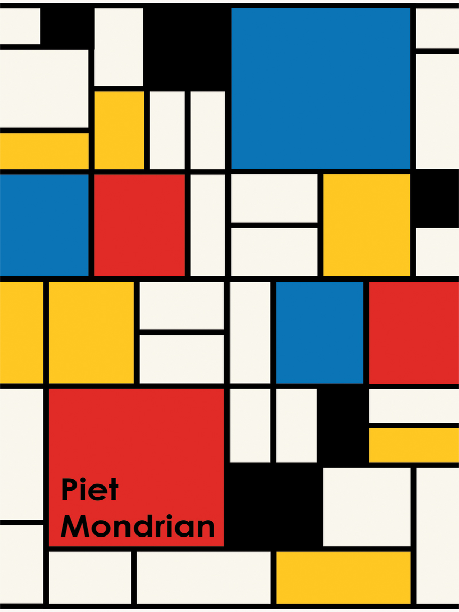 Abstrakte Grafik mit Quadraten und Rechtecken in Blau, Rot, Gelb, Weiß und Schwarz, mit dem Text Piet Mondrian in einem roten Quadrat.